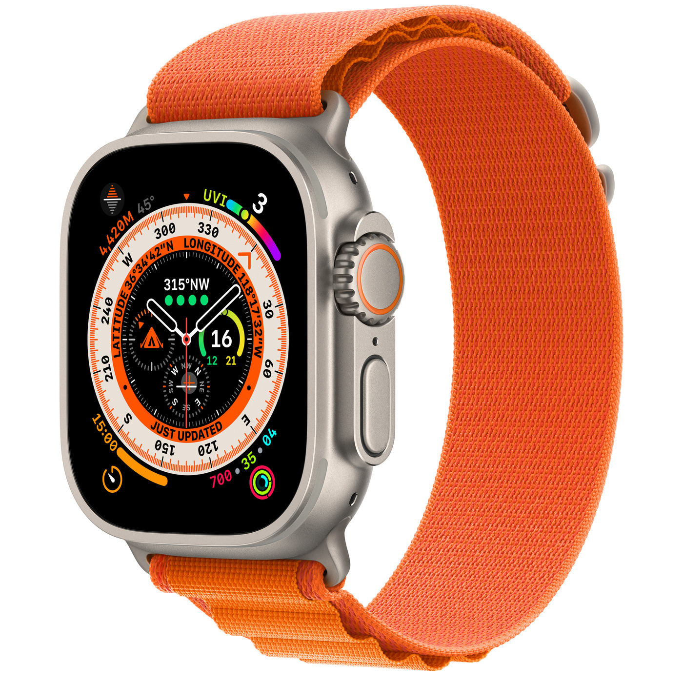 Apple Watch Ultra, Titanium Case with Orange Alpine Loop