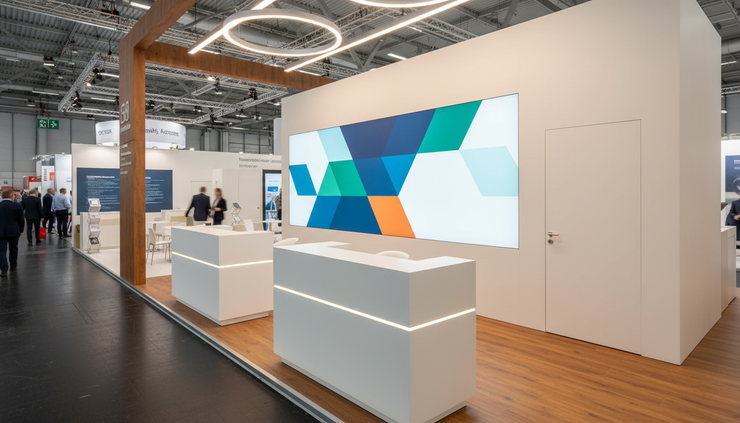 Eye-level view of a finished exhibition stand ready for visitors with neat counters and illuminated wall graphics.