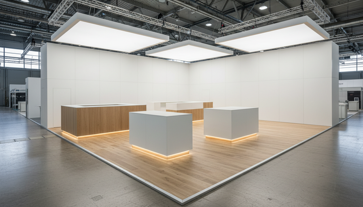Wide-angle view of an empty modern exhibition stand with open counters and clear visitor paths