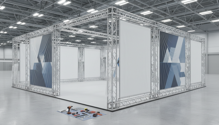 Eye-level view of exhibition stand components prepared for installation in a clean hall