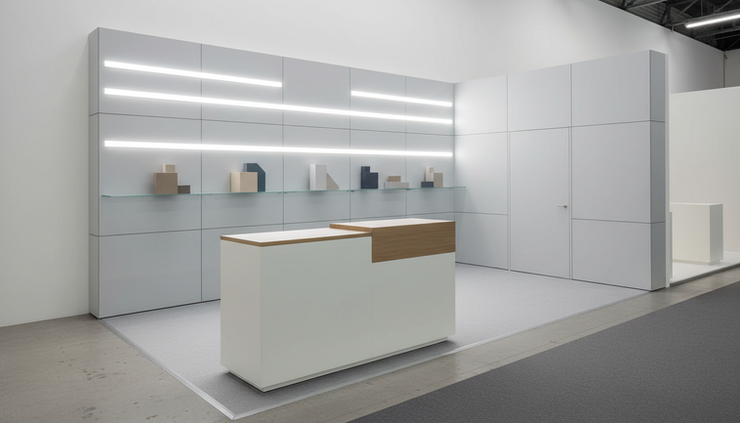 Wide-angle view of a compact modular trade fair booth with clear product zones