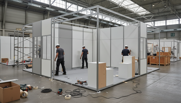 Eye-level view of modular exhibition wall panels and custom display elements being assembled in a trade fair hall.