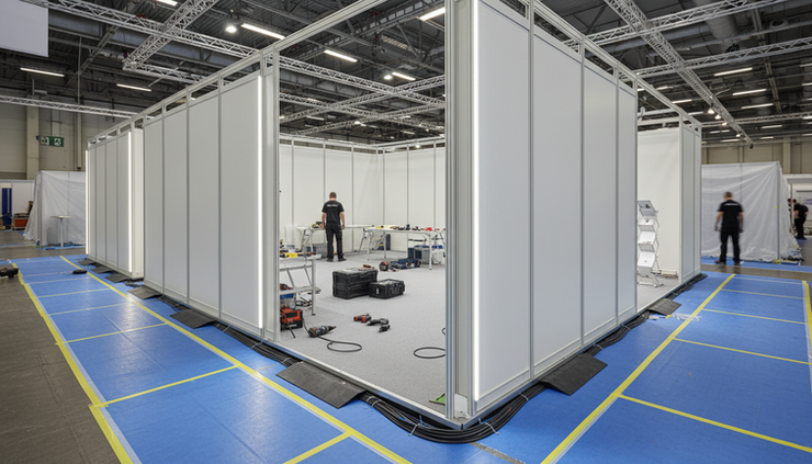 Froschperspektive eines teilaufgebauten Messestands mit modularen Wänden und sicher verlegten Kabelwegen