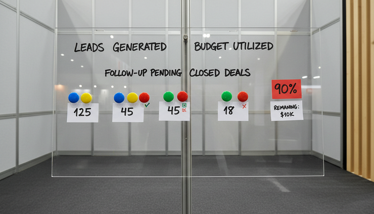 Frontal view of a transparent acrylic board with trade fair indicators and colored markings.