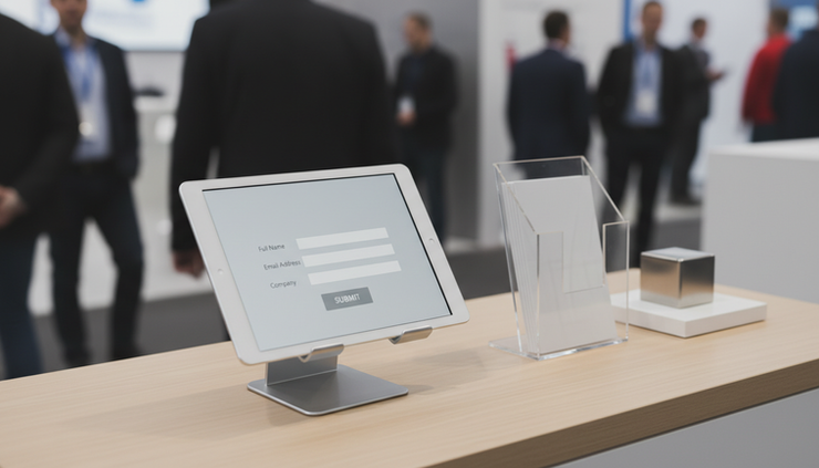 Close-up of a tablet at a trade fair booth displaying a simple lead capture form.