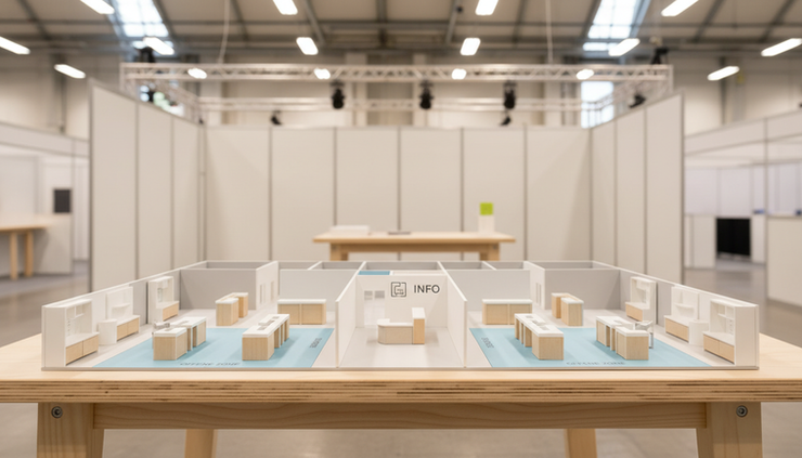 Close-up view of a scale model of an exhibition stand with marked zones on one floor.