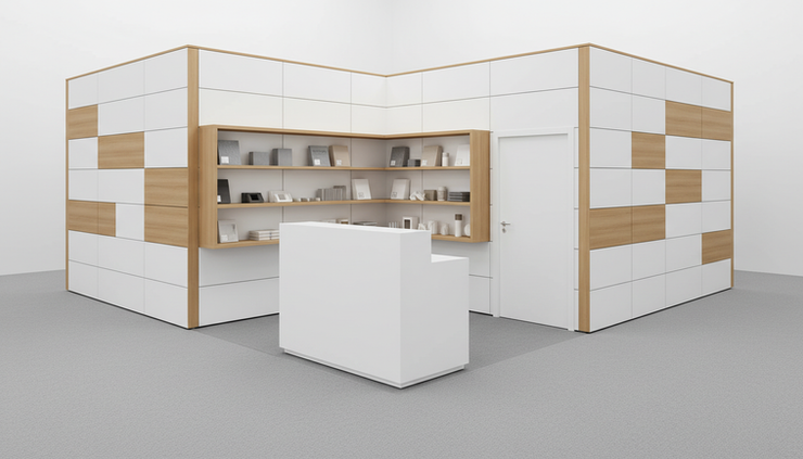 Eye-level view of a compact exhibition booth with a reception counter, sample display shelves, and a small storage door