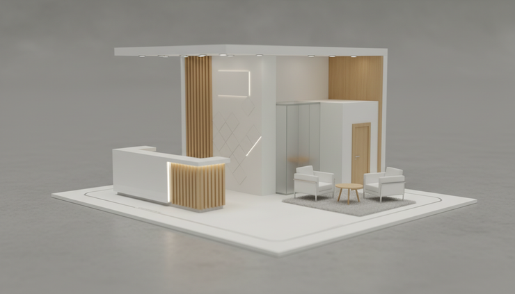 Close-up view of an exhibition booth zoning layout with counters, display walls and lounge furniture