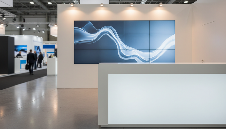 Detailansicht einer LED-Videowand in einem Messestand.