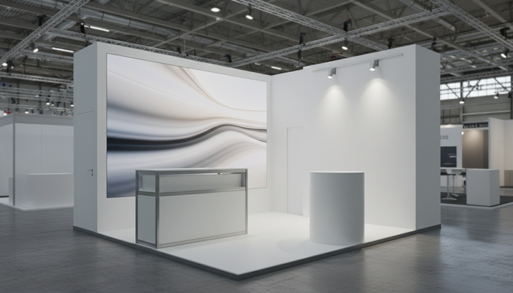 Low-angle view of a compact booth with a small integrated LED wall and product lighting.