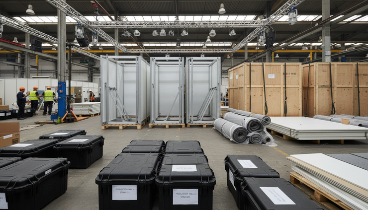 Eye-level view of modular exhibition stand panels being prepared for transport