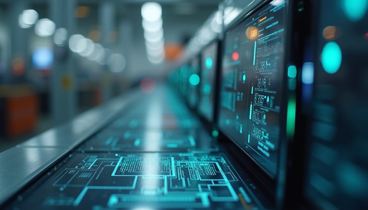 Yakın çekim fabrika makinesinde IoT sensörlerinin veri toplaması