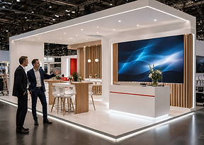 Moderner Messestand für B2B Partner mit Video-Bildschirm