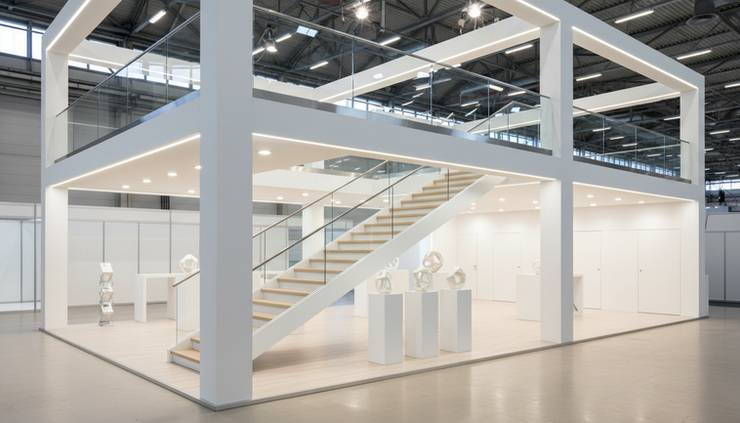 Eye-level view of a staircase inside a two-story exhibition stand with clean railings and open product space nearby.