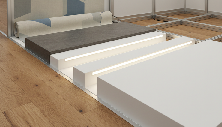 Close-up view of exhibition stand materials with wall panels, flooring samples and integrated light elements.