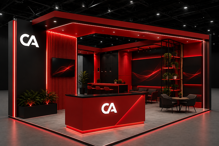 Moderner Messestand in Rot und Schwarz mit CA-Logo.