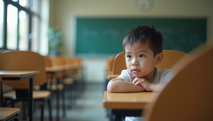 Eye-level view of a child sitting quietly on a classroom bench, looking thoughtful