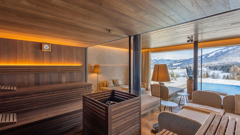 Private sauna with panoramic glass wall at K-Lodge The View