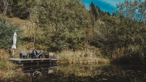 Private natural swimming pond beside secluded chalet