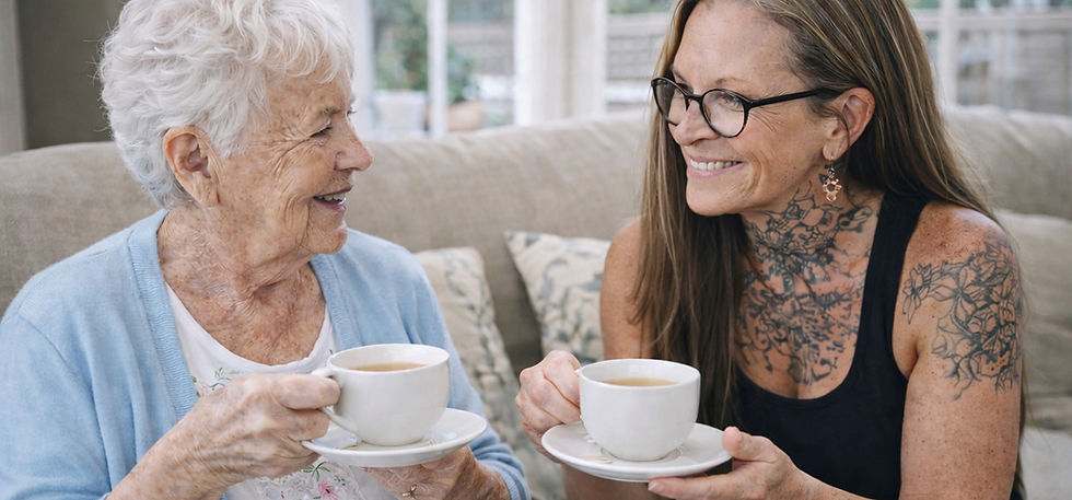 Aged care support worker sharing a moment with elderly client at home in Brisbane Valley Queensland