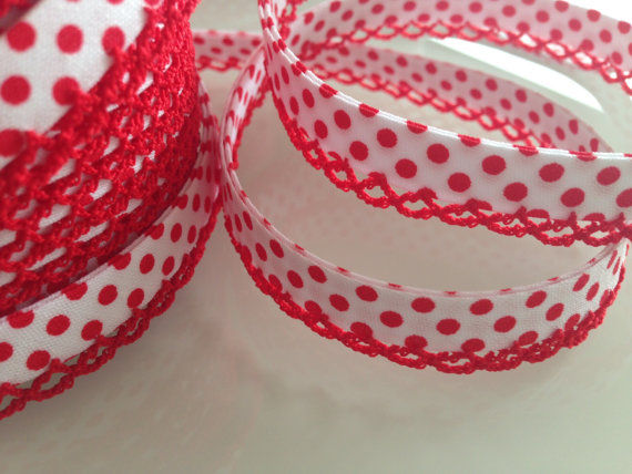 Miniatura: Vermelho c/ bolas brancas ou Branco c/ bolas Vermelhas - Viés com Picot