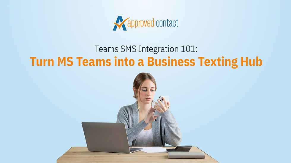 Teams SMS Integration 101: Turn Microsoft Teams into a Business Texting Hub - woman sitting in front of laptop using cell phone
