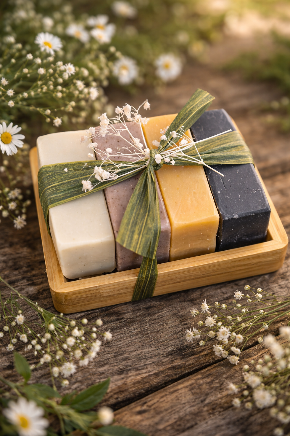 goat milk soap discovery set in bamboo soap rack with baby’s breath natural setting australia