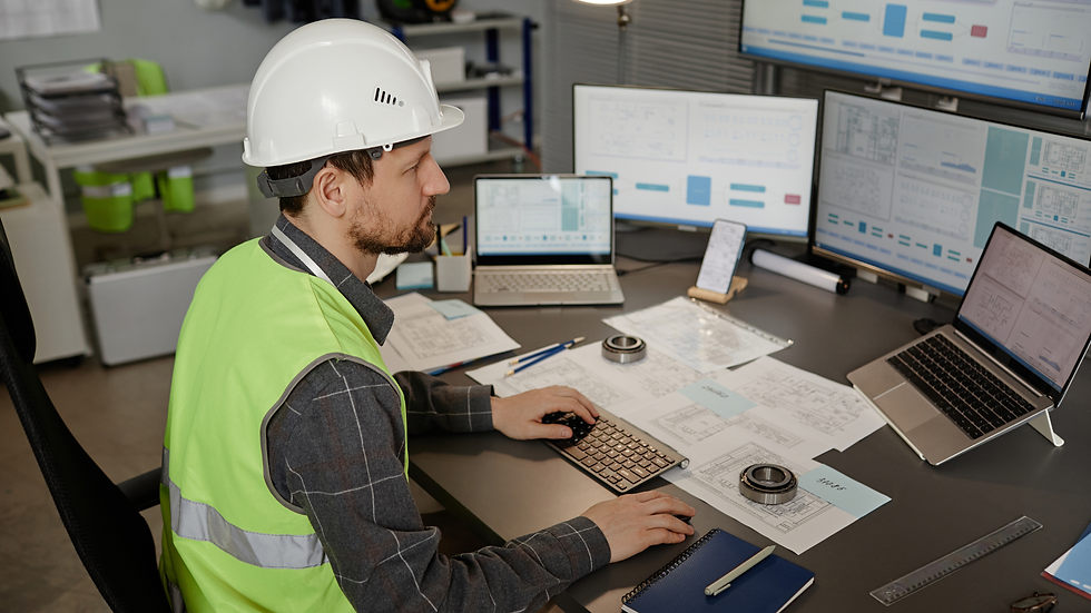 Engenheiro utilizando ferramentas GIS em múltiplos monitores para análise de mapas, dados geotécnicos e planejamento de projetos em escritório técnico.