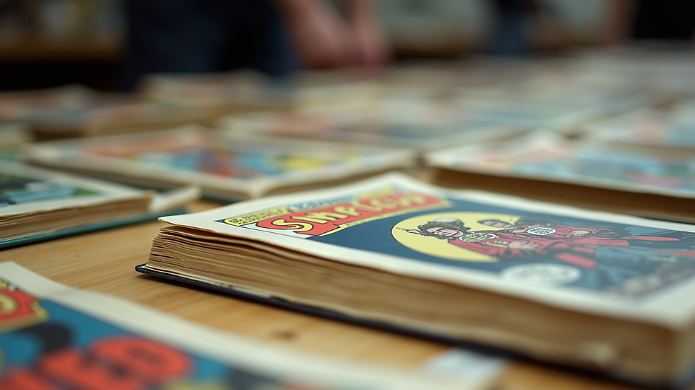 Close-up view of vintage comic books laid out on a table at a collector event