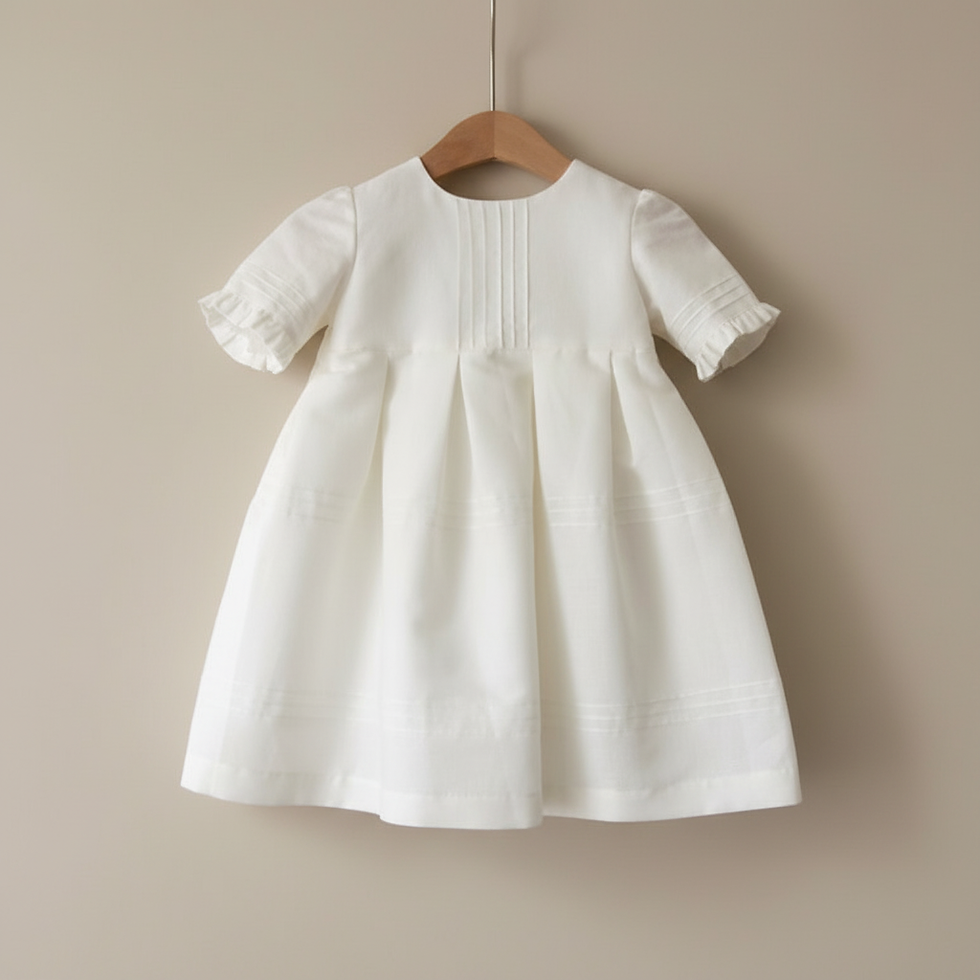 Miniatura: Vestido em Linho Branco com Nervuras Manga a 3/4