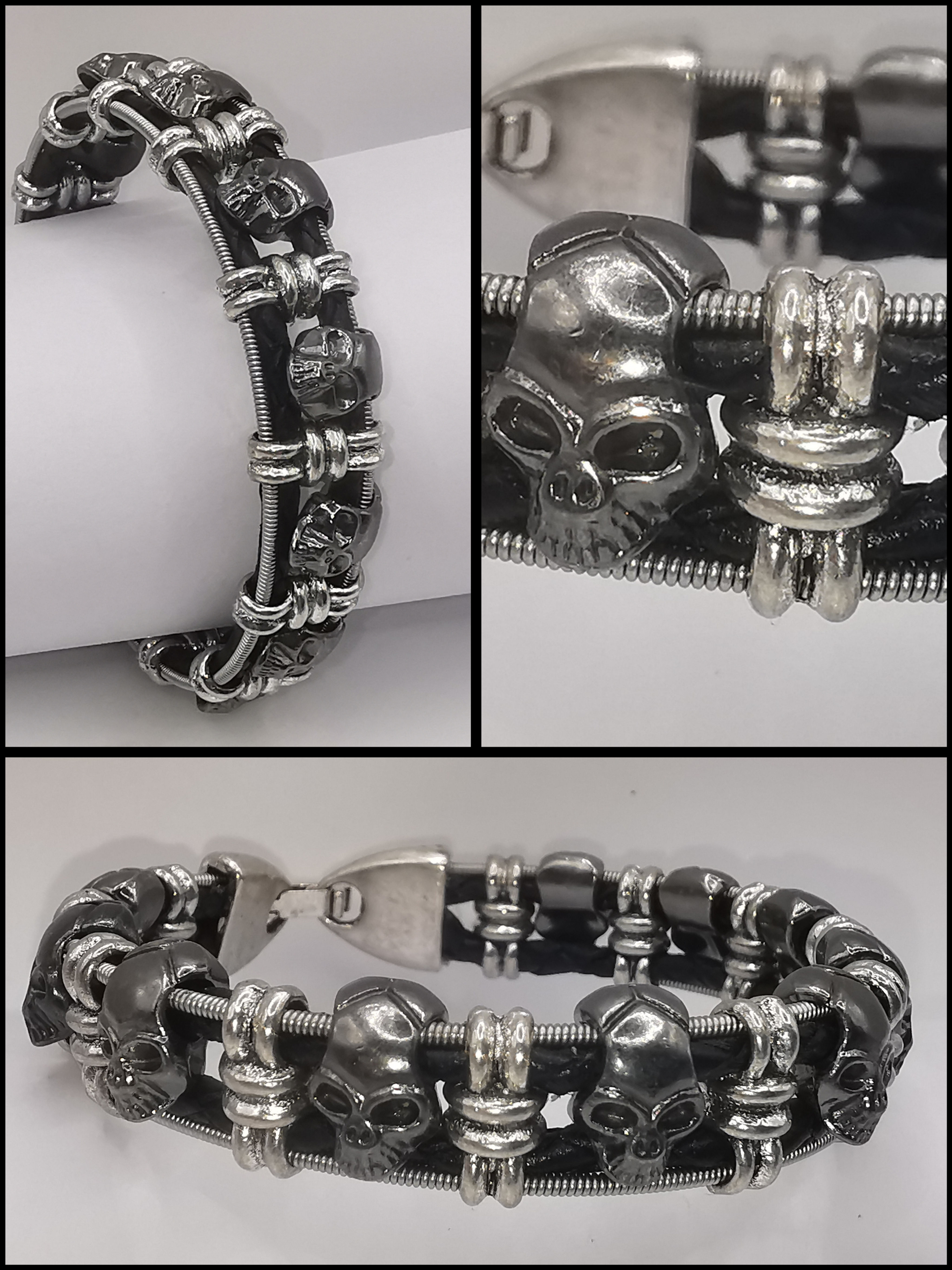 SALE Leather Guitar String Gunmetal Skull Bracelet