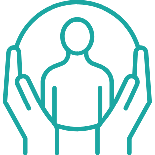 Person encircled by hands, representing care and support on a black background.