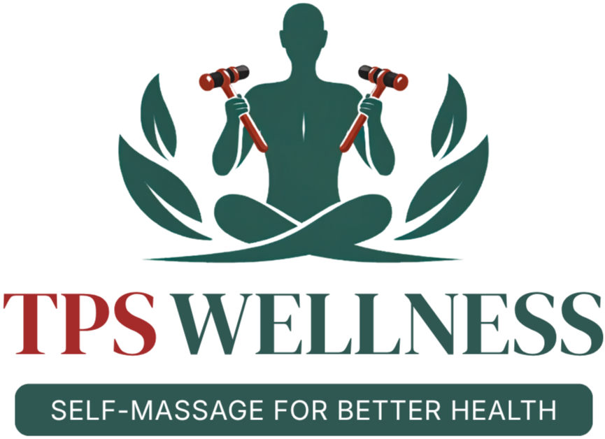 TPS WELLNESS: meditating figure with self-massage tools. Tagline: SELF-MASSAGE FOR BETTER HEALTH.