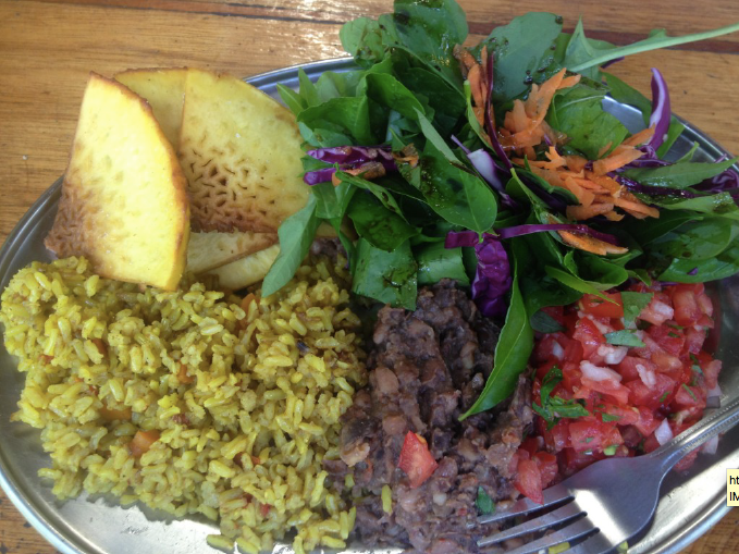 Costa Rican Jungle Gourmet lunch: breadfruit chips, turmeric curry risotto pico de gallo at Punta Mona