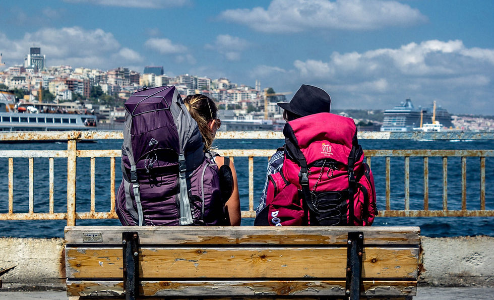 Travel backpacking couple on a bench