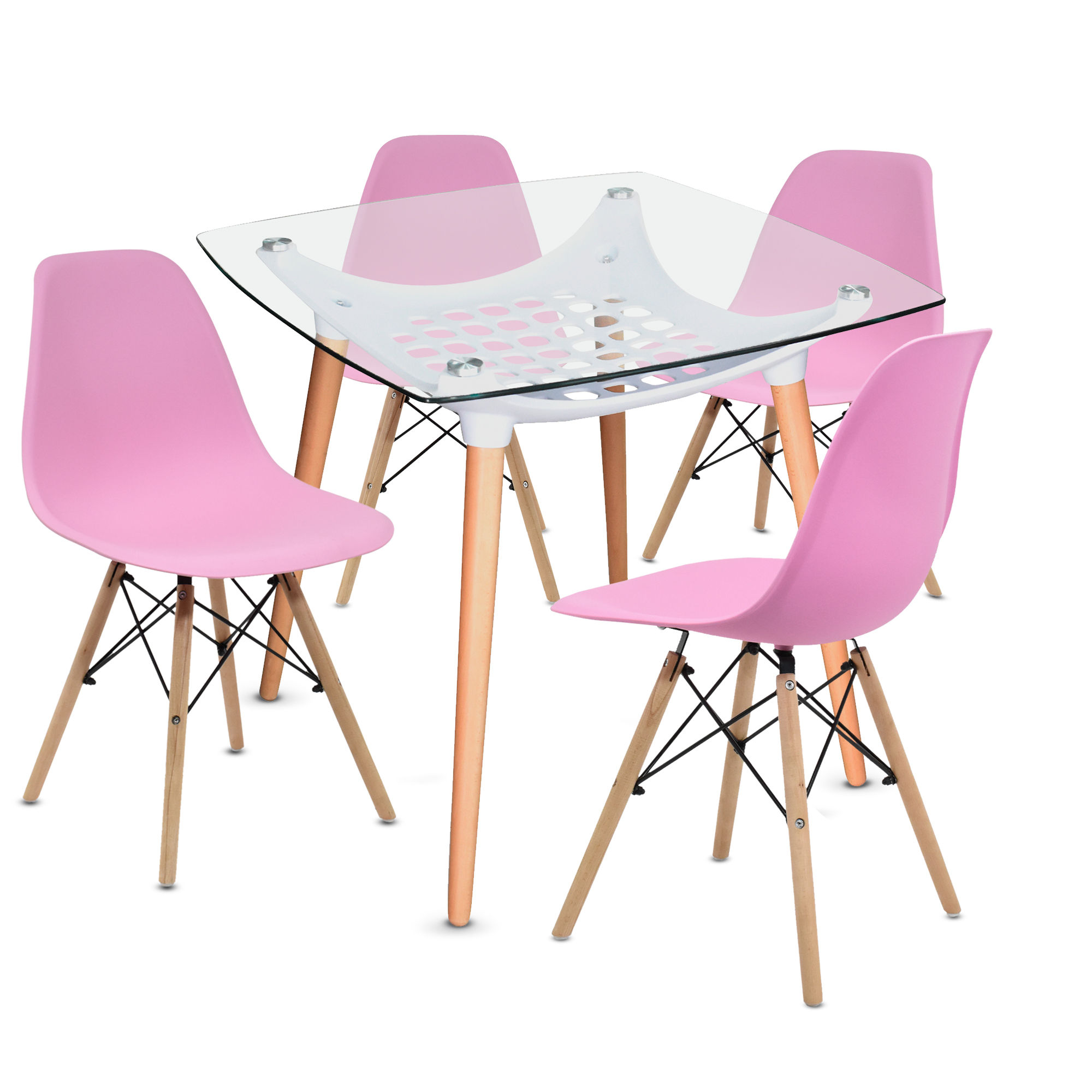 Comedor Moderno Eames Mesa Cuadrada + 4 Sillas Rosas