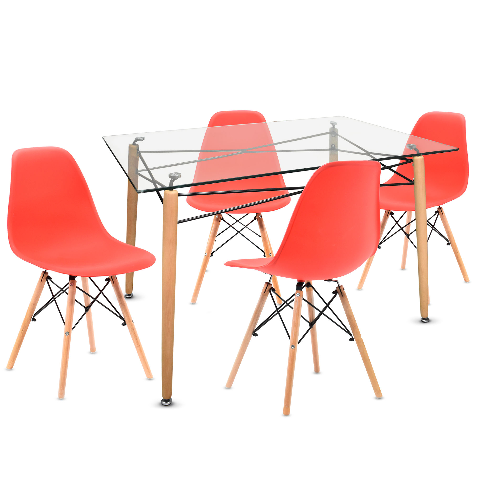 Comedor Moderno Eames Mesa de Vidrio + 4 Sillas Rojas