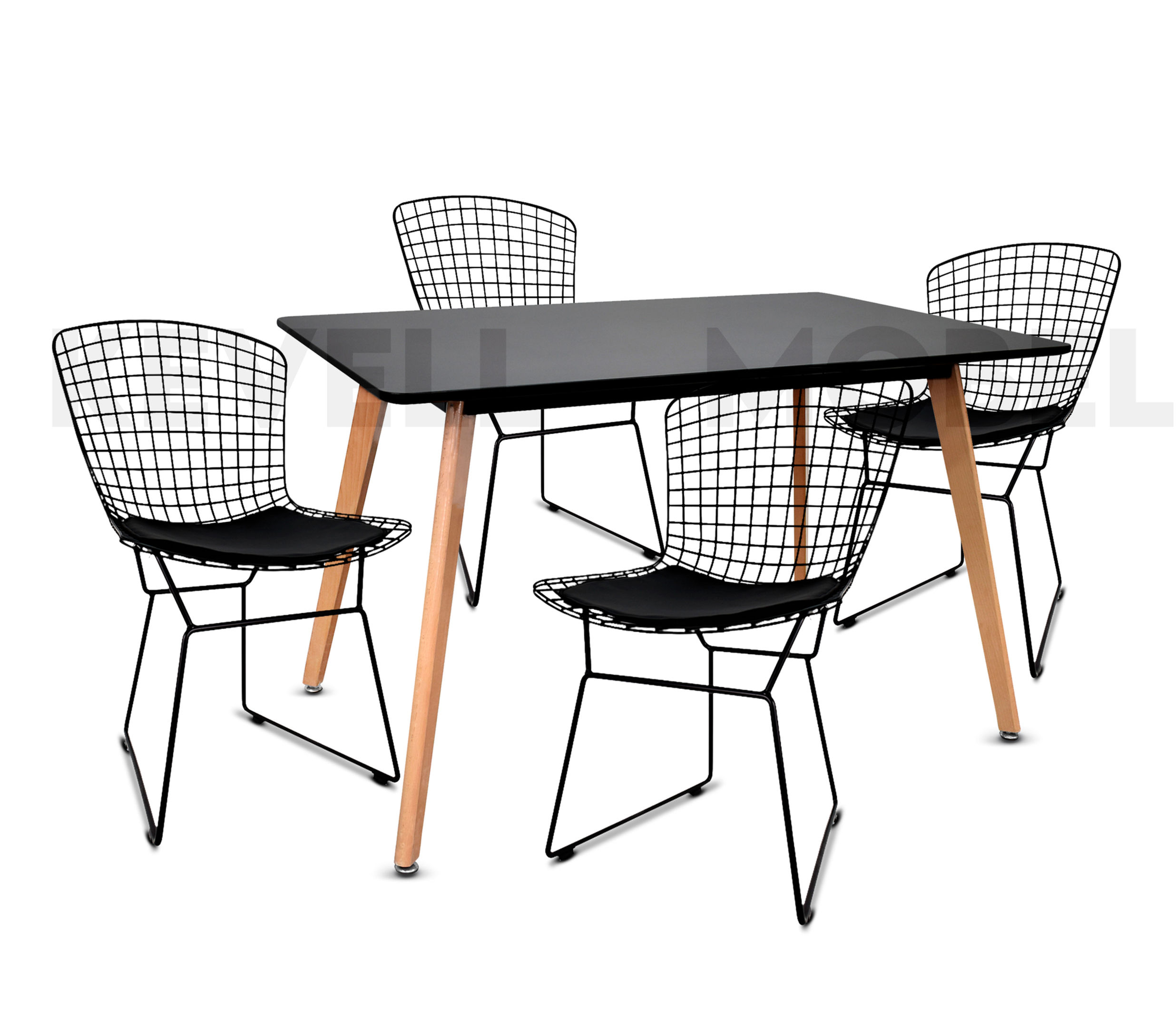 Comedor Mesa Rectangular Negra y 4 Sillas Bertoia Negra