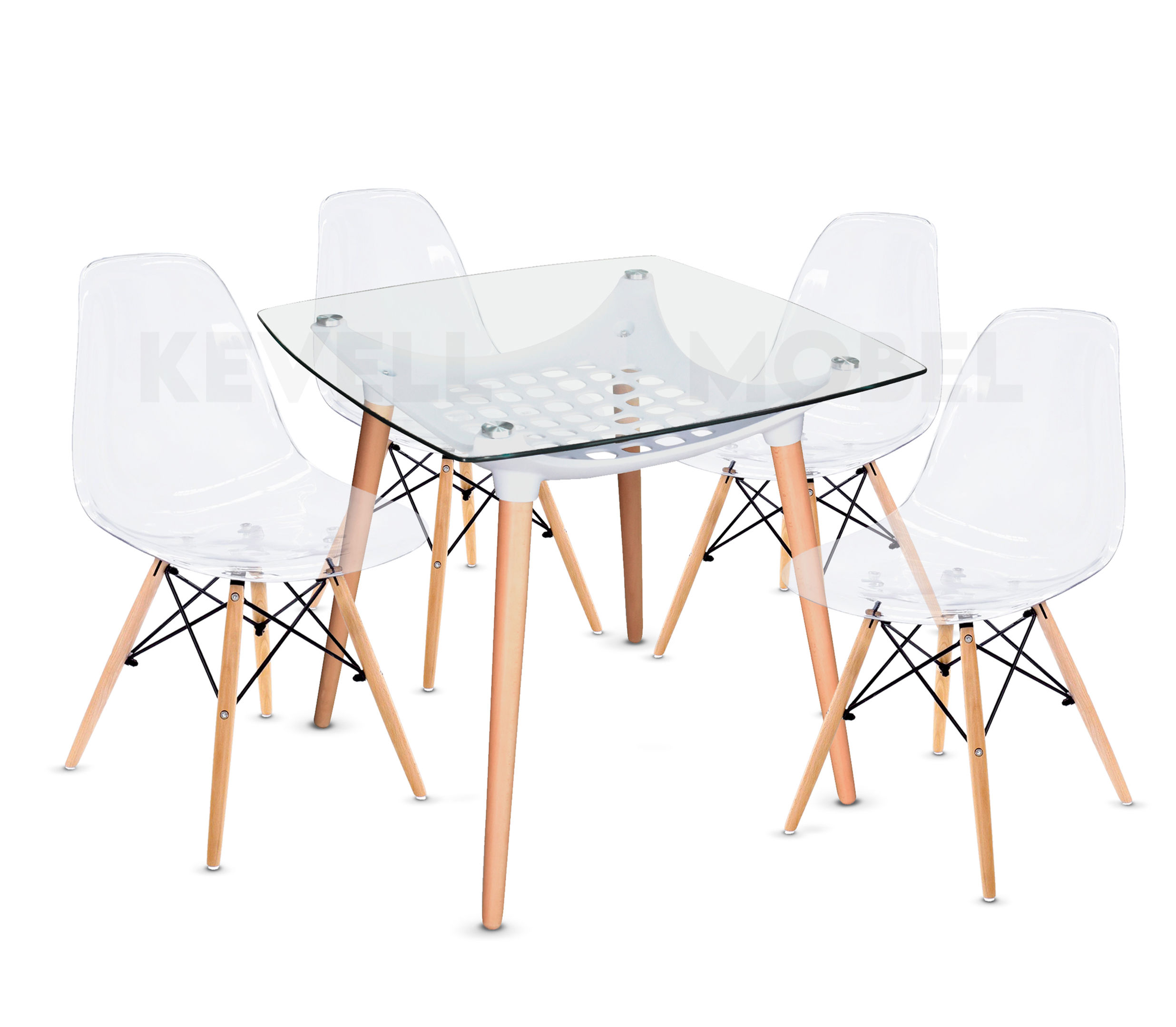 Comedor Mesa cuadrada de vidrio con cesta plastica y 4 Sillas Eames Transparente