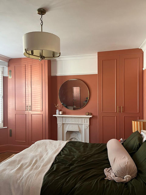 Twin alcove built-in PAX wardrobes in terracotta finish, Victorian terrace bedroom, Poets Corner, Hove