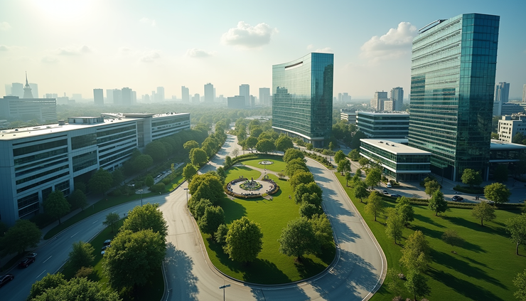 Vue aérienne de la zone d’activité de Labège-Innopole avec bâtiments modernes et espaces verts