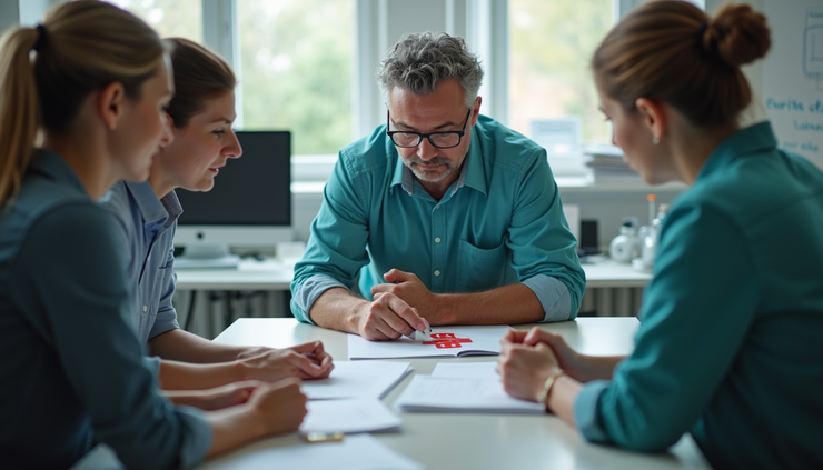 Vue en plongée d’une formation premiers secours en entreprise avec un formateur et des participants à Labège