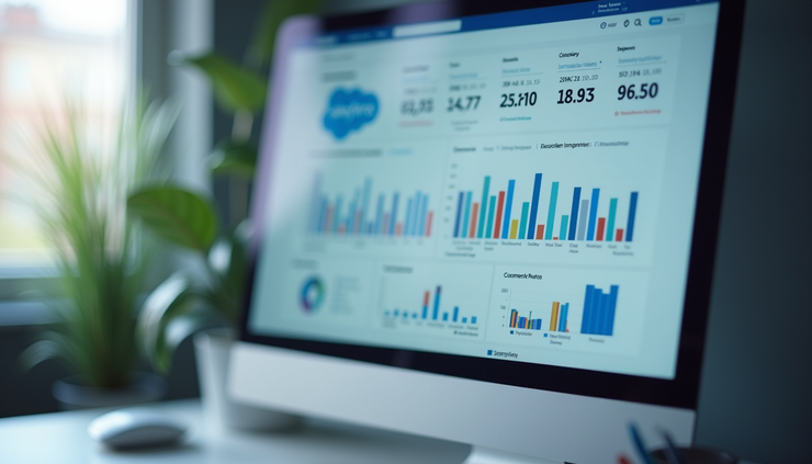 Vue rapprochée d'un écran d'ordinateur affichant un tableau de bord Salesforce avec des graphiques de performance client