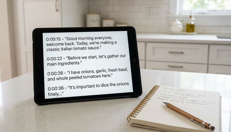 Vue à hauteur des yeux d’une tablette posée sur un plan de cuisine avec une transcription de vidéo affichée.