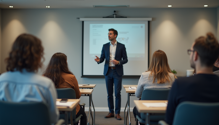 Vue rapprochée d’une salle de formation avec des participants attentifs et un formateur dynamique