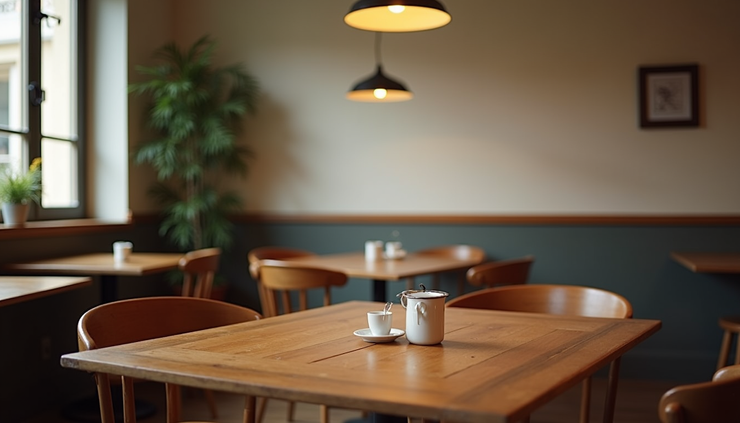 Vue en plongée d’un café toulousain avec tables en bois et lumière naturelle