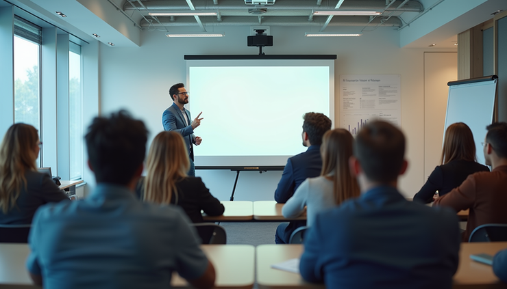 Vue en plongée d’une salle de formation avec des salariés attentifs et un formateur au tableau