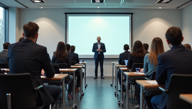 Vue en plongée d’une salle de formation avec des salariés attentifs à Toulouse