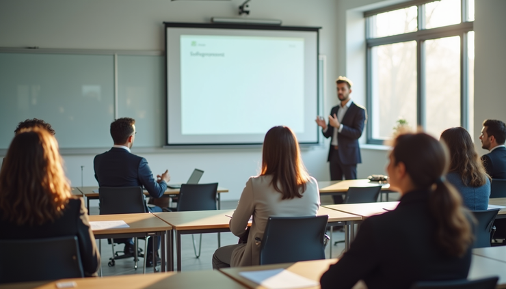 Vue en plongée d’une salle de formation lumineuse à Bayonne avec un formateur et un participant en pleine séance de prise de parole