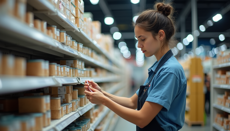 Vue en plongée d’un vendeur réorganisant un rayon de magasin